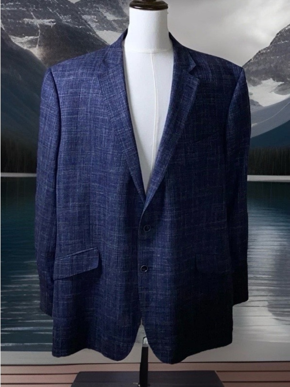 Joseph Abboud Heritage Men’s 54L Blue Plaid wool Silk Linen E Thomas Fabric ital